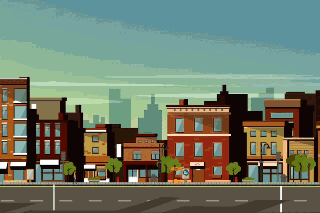a cartoon illustration of a city street with buildings and a yellow sign that says ' a & a ' on it