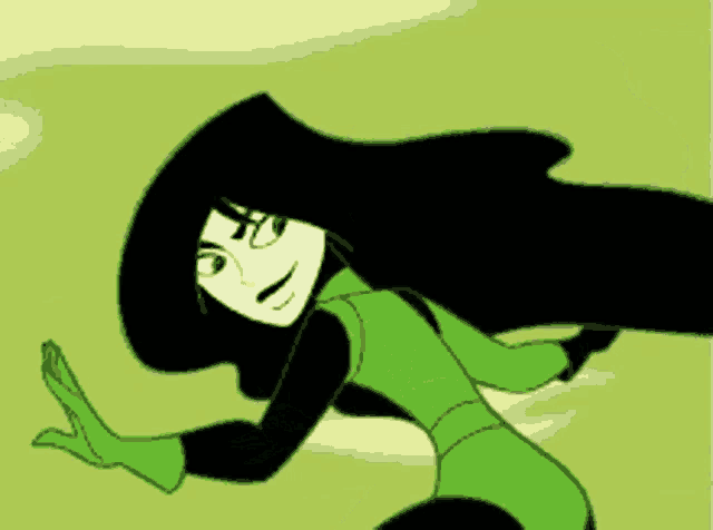 a cartoon character with long black hair is wearing a green suit and gloves