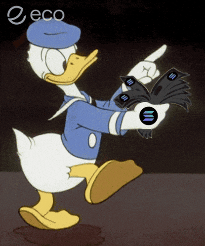 a cartoon of donald duck holding a bunch of money and pointing
