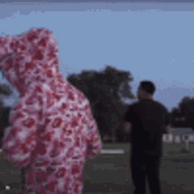 a person in a pink hoodie is standing next to another person in a black shirt .