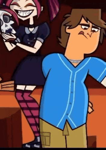 a cartoon of a man standing next to a girl with a skull in her hand