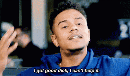 a man in a blue sweatshirt is saying `` i got good dick , i can 't help it '' .