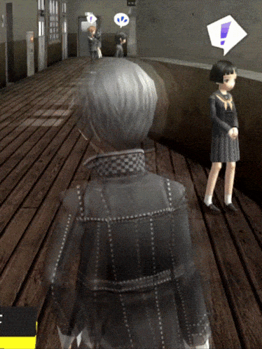 a video game shows a man and a girl standing in a hallway