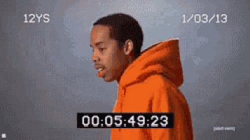 a man in an orange hoodie is standing in front of a timer that shows the time as 00:55:01 .