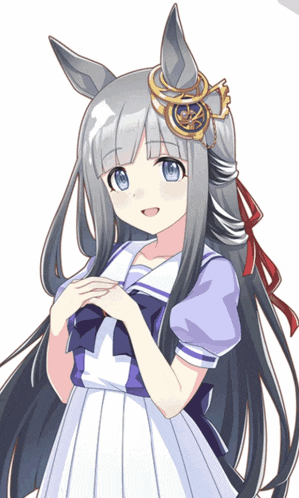 a girl with long black hair is wearing a purple and white dress