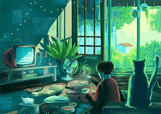 a painting of a person sitting at a table with a cat and a sign that says mianar on it .