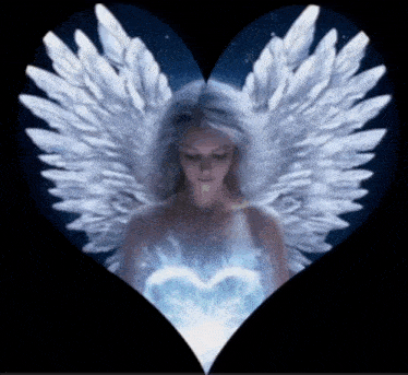 an angel with white wings is surrounded by a heart shaped frame