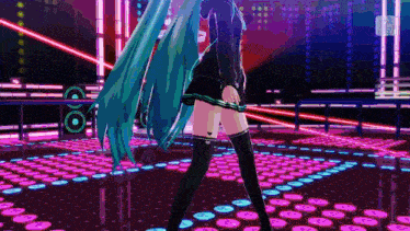 hatsune miku is dancing on a dance floor in a video game while holding a microphone .