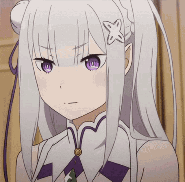 a girl with white hair and purple eyes has a flower on her head