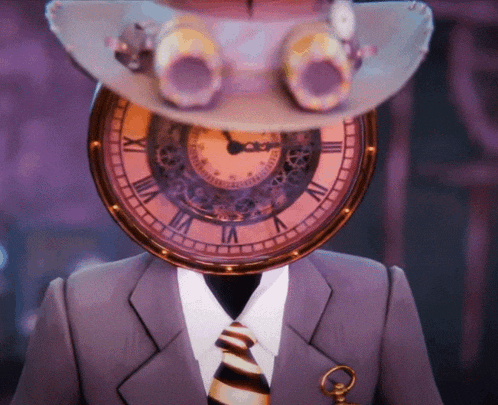 a man wearing a suit and tie has a clock in front of his face