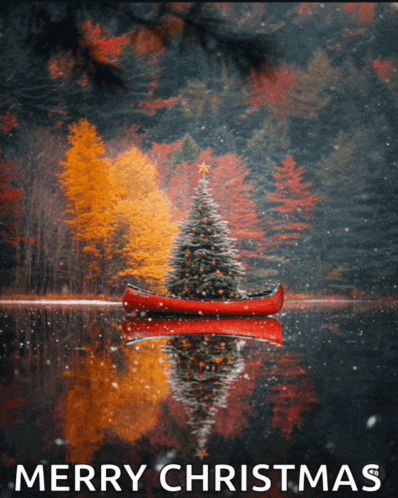 a red canoe with a christmas tree in it and the words merry christmas on the bottom