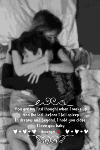 a black and white photo of a man and a woman hugging with a goodnight message on the bottom