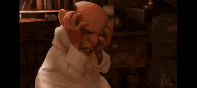 a cartoon character has his hands on his head in front of a filing cabinet with the letter g on it