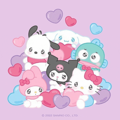 a bunch of sanrio characters are surrounded by hearts
