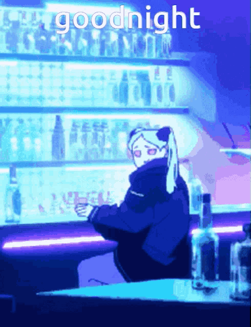 a cartoon of a person sitting at a bar with the words goodnight above them