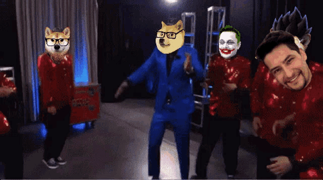 a man in a blue suit has a doge mask on