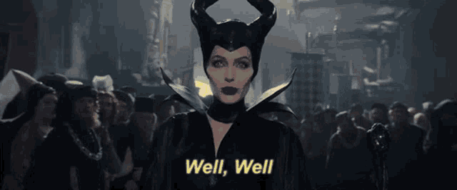 a woman in a black costume with horns and the words well well