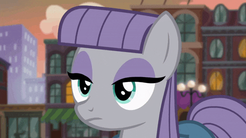 a cartoon pony with a purple mane and blue eyes looks at the camera