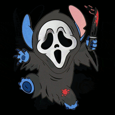 a cartoon drawing of a ghost with a scream mask on holding a knife