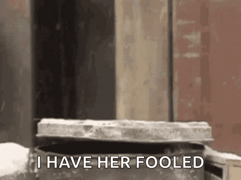a person is standing next to a trash can and says i have her fooled