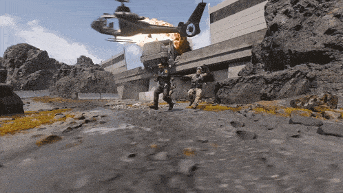 a helicopter with the letter o on it is flying over a building