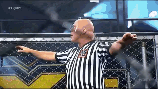 a referee is standing behind a chain link fence with his arms outstretched .
