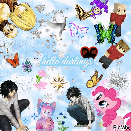 a collage of anime characters with the words hello darlings on the bottom