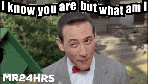 a man in a suit and bow tie says " i know you are but what am "