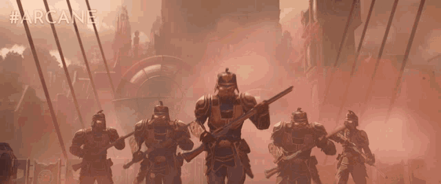 a poster for arcane shows a group of soldiers walking