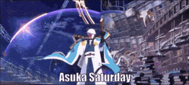 a cartoon character is standing in front of a building with the words " asuka saturday " written on it