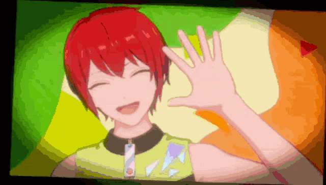 a cartoon character with red hair is smiling and waving his hand