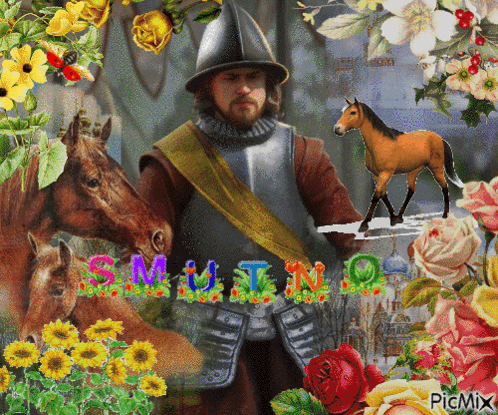 a man in armor is surrounded by horses and flowers and the word smiling is visible