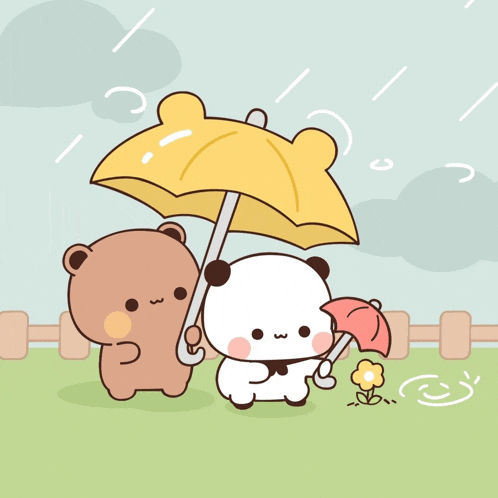 a cartoon of a bear holding an umbrella and another bear holding a flower