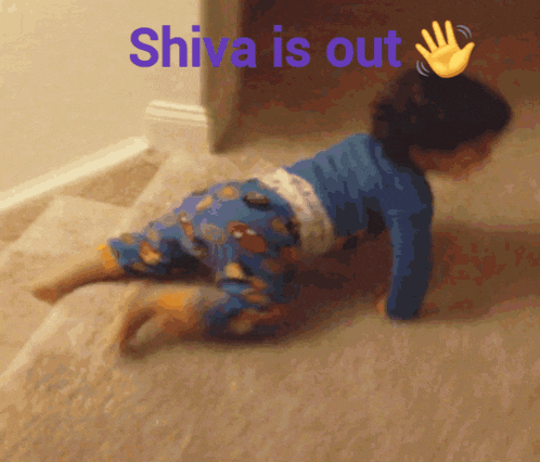 a child is crawling on the floor with the words shiva is out above it