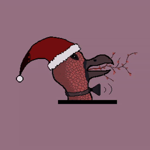 a pixel art drawing of a bird wearing a santa hat and a bow tie