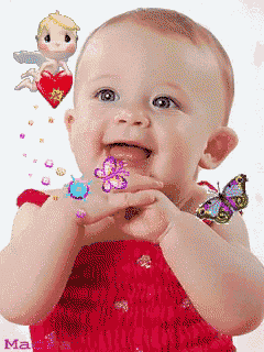 a baby in a red dress is smiling with butterflies and a cupid behind her