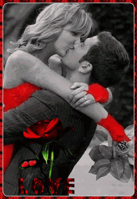 a black and white photo of a man and woman kissing with the word love on the bottom right