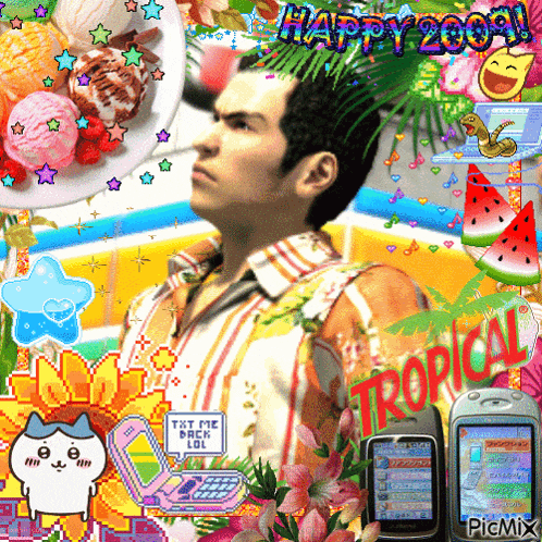 a picture of a man with the words happy 2009 tropical written on the bottom