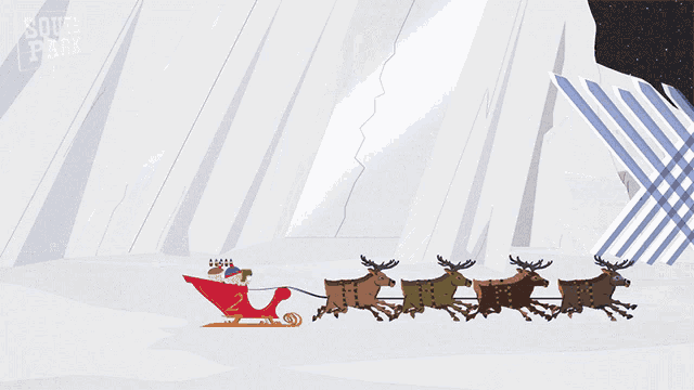 a cartoon drawing of a sleigh pulled by reindeer with south park written on the bottom