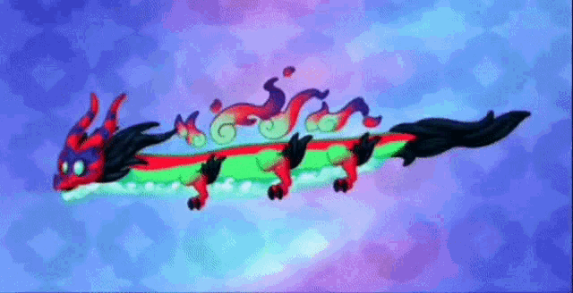 a cartoon dragon is flying through the air with flames coming out of its mouth .