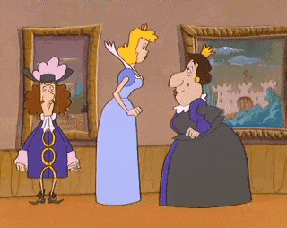 a cartoon of a woman in a blue dress standing next to a man in a purple coat