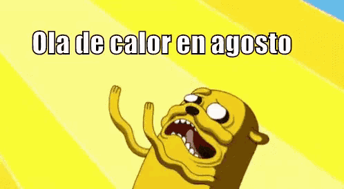 a cartoon character with a yellow background and the words ola de calor en agosto