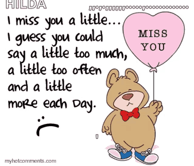 a cartoon of a teddy bear holding a pink heart shaped balloon that says " miss you "