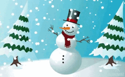 a snowman with a top hat and scarf is standing in the snow
