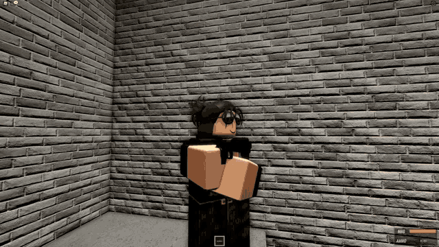 a video game character is standing in front of a brick wall and holding a gun