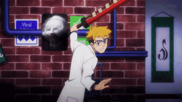 a man in a lab coat stands in front of a brick wall with a sign that says meal on it