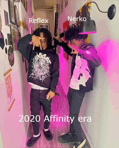 reflex and nerko are standing next to each other in a hallway with pink lights