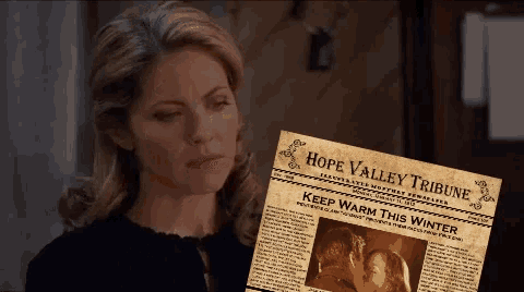 a woman is holding a newspaper titled hope valley tribune