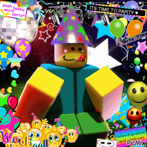 a cartoon character with a party hat surrounded by balloons and a sign that says it 's time to party