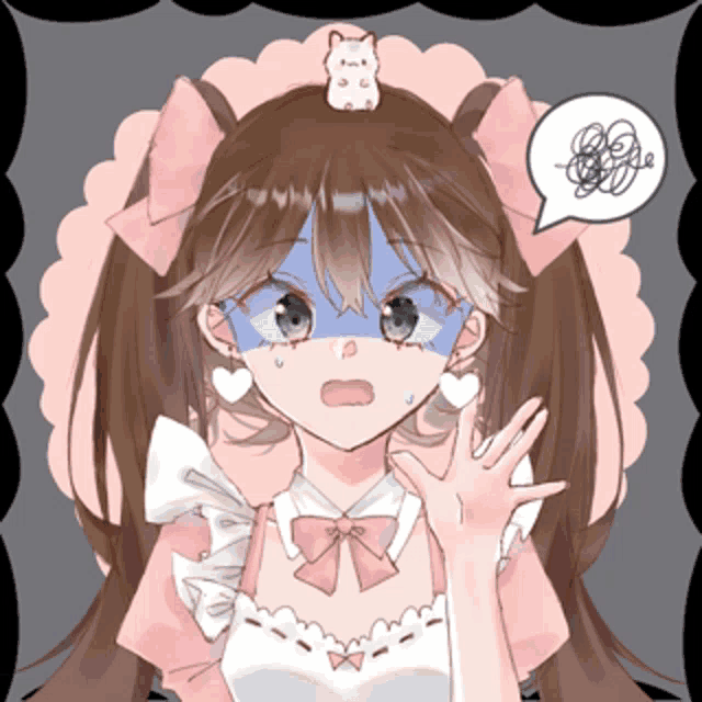 a drawing of a girl with a bear on her head and a speech bubble